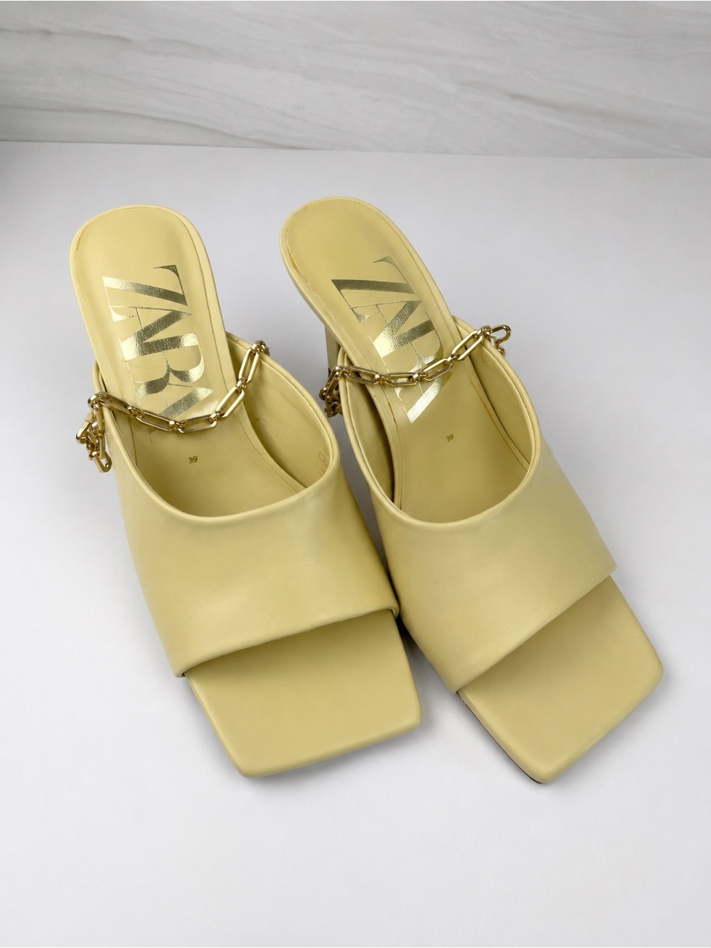 Zara Pale Yellow Square-Toe Chain Strap Mules